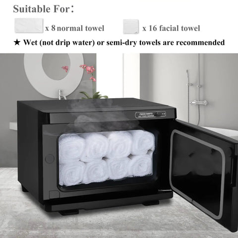 Pro 8L Towel Warmer For Salon And Spa showing open door with 8 rolled towels inside, black metal design in spa setting.
