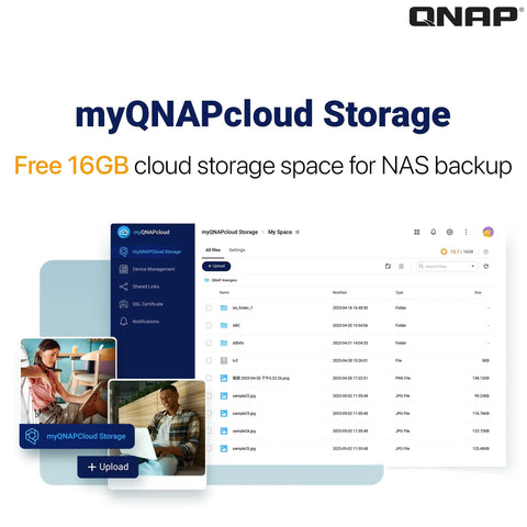 myQNAPcloud Storage interface showing free 16GB cloud space for NAS backup with folders and files organized.