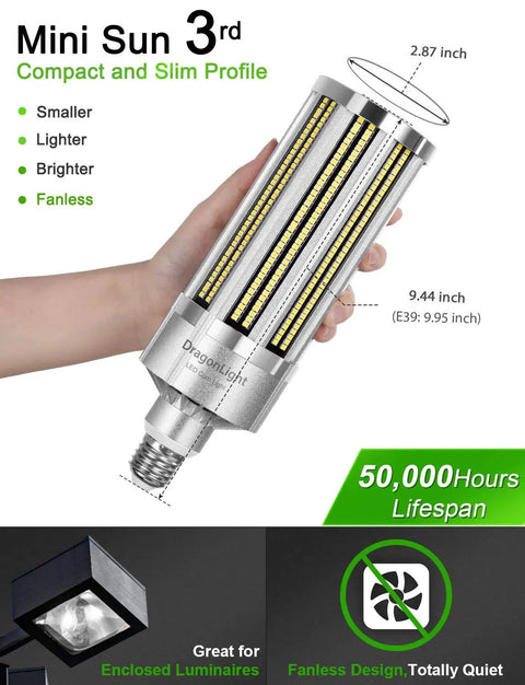 Person holding No Fuss 100W Corn LED Bulb for Commercial Lighting, Fanless, 12,000 Lumens, Daylight 5000K, E26 Or E39 Mogul Base.