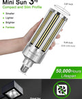 Hand holding a 120W Commercial Grade Corn LED Light Bulb Fanless Replacement For 400W MH And HPS, E26 And E39 Mogul Base, 5000K Daylight, 14,400 Lumens, Hella Bright With Ultra High Efficacy And Energy Saving showing dimensions.