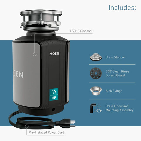 Powerful 1/2 HP Continuous-Feed Garbage Disposal With Sound Reduction, 2600 RPM Vortex Motor, Preinstalled Power Cord