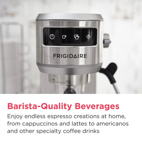 Straight Up Solid Steam Espresso Maker And Coffee Brewer With Handy Milk Frother And Cup Warmer 20 Bar Pressure Build panel close-up with controls