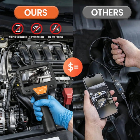 Comparison of Endoscope Camera With Light For Tight Spaces and another device inspecting a car engine.