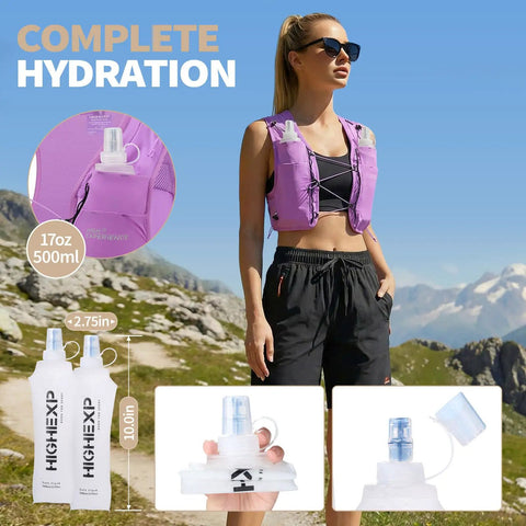Person wearing lightweight running vest with dual 17-ounce soft flasks in purple, ideal for jogging, marathon, cycling, and hiking.