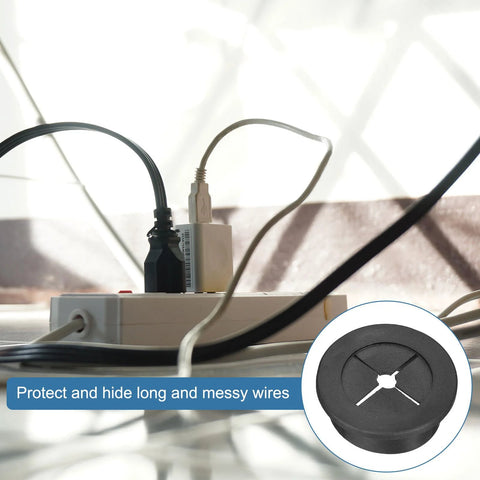 Two Pack 32mm Desk Grommets Flexible Rubber Cable Pass Through Hole Covers with wires organized on office desk