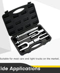 Open case showing 5 Piece Pickle Fork Ball Joint Separator Set For Cars And Light Trucks Heavy Duty Fork Type Separator Kit Black