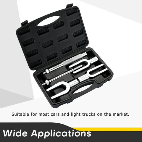 Open case showing 5 Piece Pickle Fork Ball Joint Separator Set For Cars And Light Trucks Heavy Duty Fork Type Separator Kit Black