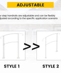 Adjustable Three Foot Steel Step Handrail For Outdoor Stairs Compatible With Two Or Three Steps Built Tough showing two styles of the handrail.