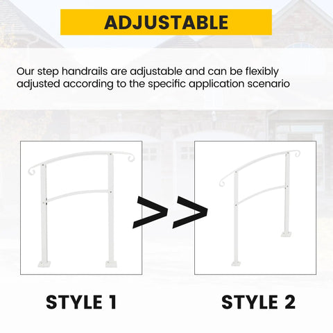 Adjustable Three Foot Steel Step Handrail For Outdoor Stairs Compatible With Two Or Three Steps Built Tough showing two styles of the handrail.