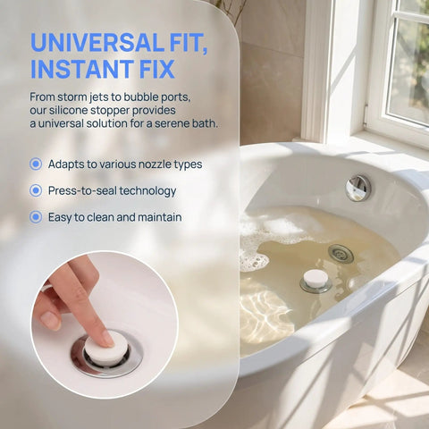 Silicone Bathtub Seal Plug for 30-31mm White 5pcs Round Openings in use, sealing a bathtub drain with press-to-seal technology.