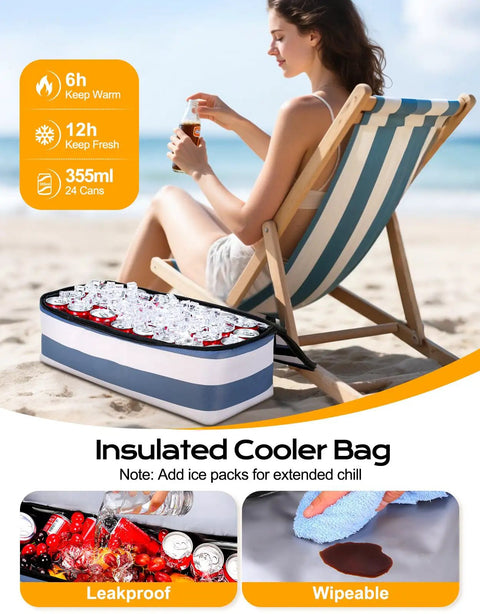Woman on beach with Beach Bag With Detachable Cooler, 54L Large Capacity Waterproof And Sandproof Duffle Tote For Women, Blue