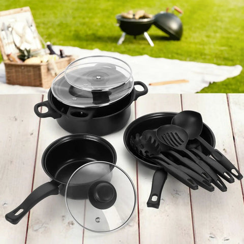 Travel Ready 13 Piece Nonstick Cookware Set With Lightweight Cast Iron Pots And Pans, Glass Lids, And Nylon Utensils for camping
