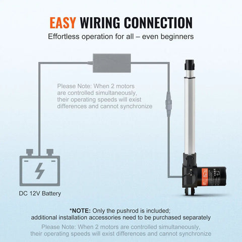 Knockout 12V DC Linear Actuator 10 Inch Stroke 1320 Lbs Force showing easy wiring connection with DC battery setup.