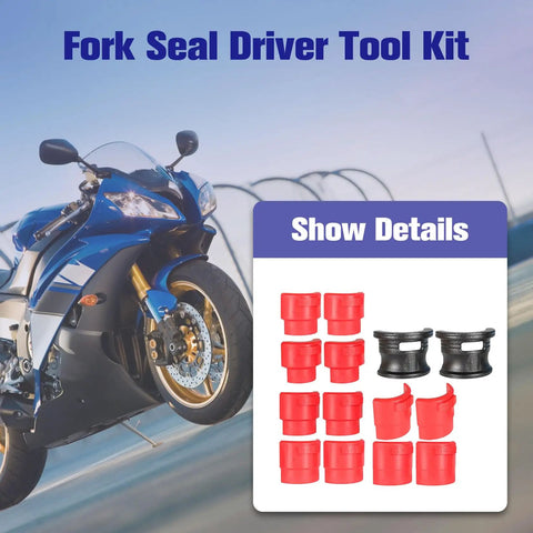Motorcycle Fork Seal Driver Tool Kit 35-50mm Pro Grade Adjustable Adapters display with motorcycle image.