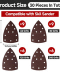 60 Piece Sander Replacement Pads With Hook And Loop Sandpaper Sheets 60 80 120 240 Grit Mix For Mouse Detail Sanders 11 Hole Design and size details.