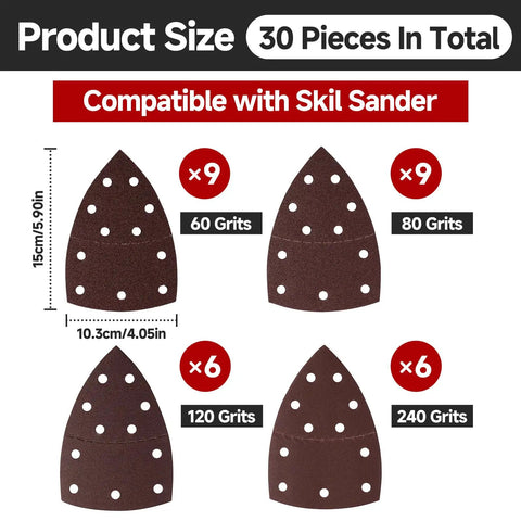 60 Piece Sander Replacement Pads With Hook And Loop Sandpaper Sheets 60 80 120 240 Grit Mix For Mouse Detail Sanders 11 Hole Design and size details.