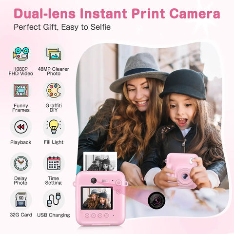 Dual-Lens Instant Print Mini Camera For Kids, 48MP Front And Rear Cameras, Selfie Ready, 1-Second Black And White Print, 32GB Card Included, Pink Portable Photo Printer Toy For Festivals And Travel showing kids using it