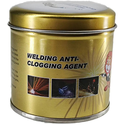 Gold tin of welding anti-clogging agent designed as Anti-Spatter Welding Gel for MIG Nozzles, with clean nozzle and spatter-free promise.