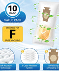 Image of a 10 Pack 204814 Filter Plus Vacuum Bags Compatible With Avalir Sentria Ultimate G Series And Diamond Edition, designed for F style vacuums, showcasing soft structure technology and 5-layer filtration system.