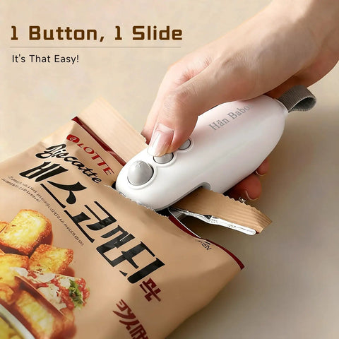 2 In 1 Bag Sealer With Cutter Portable Rechargeable Heat Sealer With Magnetic resealing snack bag, shown in use on chips package