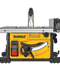 Front view of Compact Portable Jobsite Table Saw with Fifteen Amp Motor and Eight and a Quarter Inch Cut Capacity Twenty Four Point Five Inch Rip Capacity Rack and Pinion Fence Rails on board storage for guard and wrenches metal roll cage base.