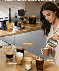 Espresso Machine With Milk Frother For Home Use 20 Bar Pressure Compact Stainless Steel Coffee Maker With Touch Screen And 41oz Water Tank Brew Lattes, Cappuccinos, Americanos, and Espresso shown on kitchen counter with woman pouring milk.