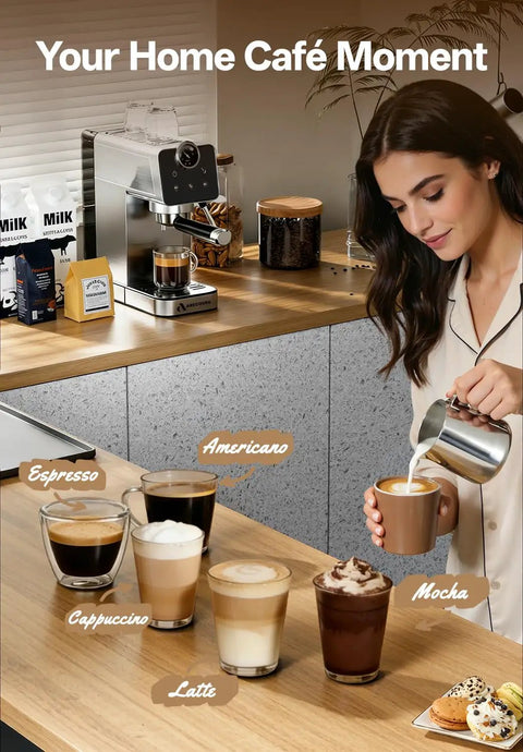 Espresso Machine With Milk Frother For Home Use 20 Bar Pressure Compact Stainless Steel Coffee Maker With Touch Screen And 41oz Water Tank Brew Lattes, Cappuccinos, Americanos, and Espresso shown on kitchen counter with woman pouring milk.