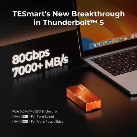 Straight Up Blazing Fast M.2 NVMe SSD Enclosure Built For Power Crews Who Want Zero Lag Data Transfers, sleek orange chassis next to laptop.