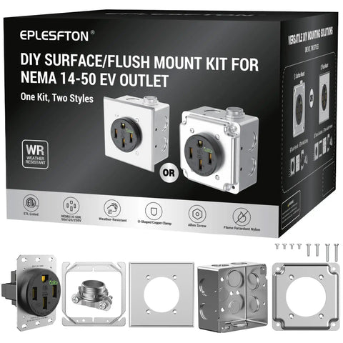 Nema 14 50 Ev Outlet With Surface And Flush Mount Box Kit, weather durable 50 amp electric vehicle charging receptacle components.
