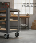 Black Swivel Plate Caster With Brake Lock on cart in workshop, durable nylon wheel for easy furniture mobility