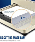 Close-up of Heavy Duty 12 Inch Guillotine Paper Cutter For A4 Papers Up To 400 Sheets With Metal Base Trimmer cutting stack