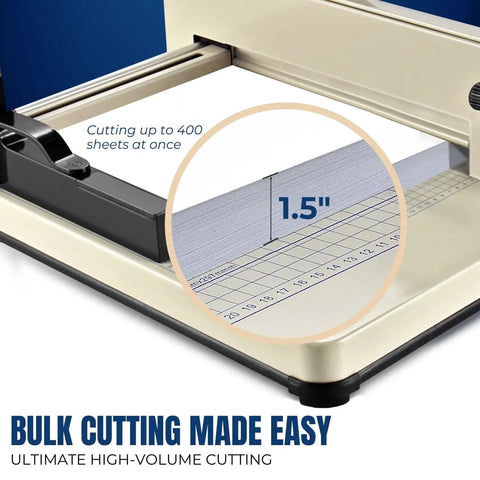 Close-up of Heavy Duty 12 Inch Guillotine Paper Cutter For A4 Papers Up To 400 Sheets With Metal Base Trimmer cutting stack