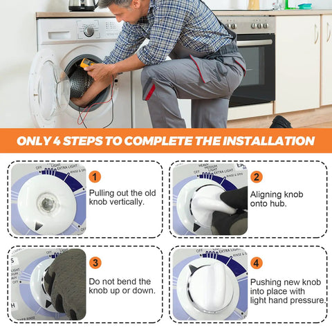 White Washer Control Knob Replacement Dial 2 Inch Wide 1.75 Inch High Snap On Fit For Most Washers No Fuss Easy Install Replaces 1264403 AP3994965 AH1482286 EAP1482286 PS1482286 installed on washing machine with step-by-step knob replacement guide