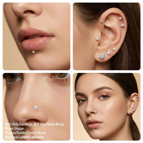 Flat Back Helix Earrings 16G 18G Internal Thread Stud In 316L Surgical Stainless Steel For Helix Cartilage Tragus Nose Labret With Ball Grabber Tool And CZ Options on model