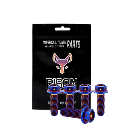 Front view: five burnt-blue titanium hex-head flange bolts, M6×12mm, pack of 5