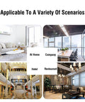 Collage of different interior spaces: living room, conference room, hotel lobby, and restaurant, indicating diverse applications.