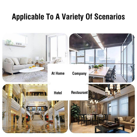 Collage of different interior spaces: living room, conference room, hotel lobby, and restaurant, indicating diverse applications.