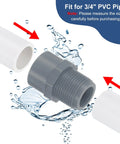 10 Pack PVC Male Adapter Pipe Fittings Three Quarter Inch 2 Way Socket To Male Thread Hose Connection Couplings With Sealant Tape For No Fuss DIY Plumbing And Water Line Projects Grey, shown fitting with white PVC pipe, surrounded by water splashes.