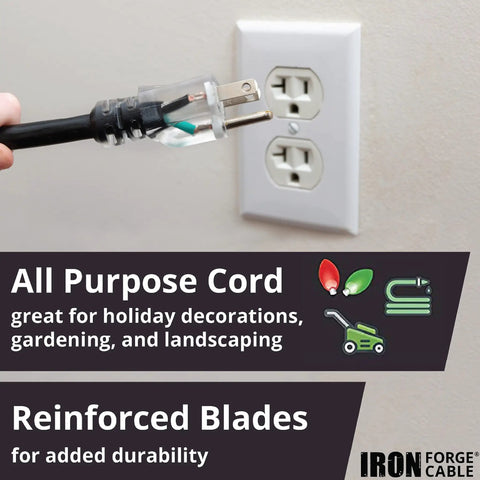 Heavy Duty 12 Gauge Extension Cord With Multi Outlets 100 Foot Black Oil Resistant Jacket Super Flexible In Freezing Temps Built Like A Tank For Tough Crews And Pro Job Sites plugged into a wall outlet.