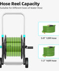 Heavy Duty Metal Garden Hose Reel Cart For Outside Use Handles 100 To 120 Feet Of Five Eighths Inch Hose With Adjustable Armrests And Two Wheels Durable Water Hose Holder For Yard Lawn And Garden showcasing hose capacity.