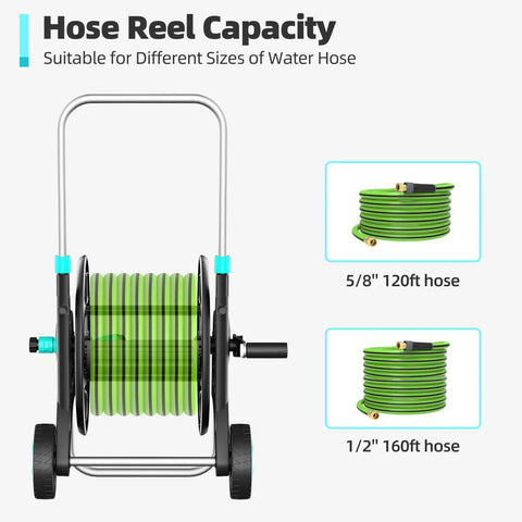 Heavy Duty Metal Garden Hose Reel Cart For Outside Use Handles 100 To 120 Feet Of Five Eighths Inch Hose With Adjustable Armrests And Two Wheels Durable Water Hose Holder For Yard Lawn And Garden showcasing hose capacity.