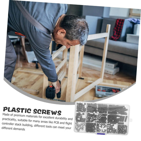 Man assembling furniture using 2 Sets Nylon Standoff Spacer Assortment Kit Featuring Heavy Duty Machine Screws Nuts And PCB Mounting Hardware.