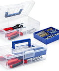 Two Pack Small Plastic Tool Box With Handle 2 Layer Clear Organizer With Removable Divider shown with tools and screws.