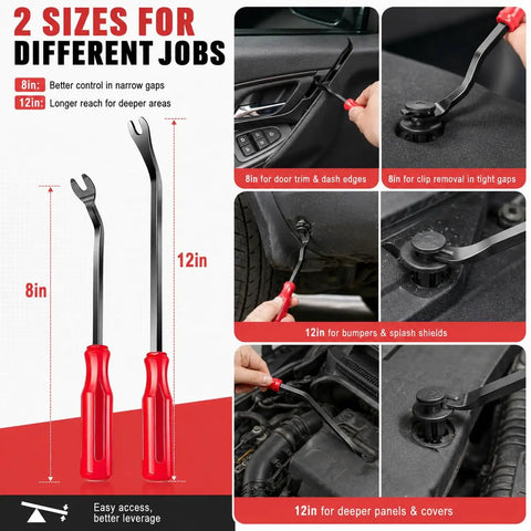 8in and 12in tools from 4-In-1 Car Trim Removal Tool Kit With Clip Pliers, 20 Automotive Clips, 17-4 Stainless Steel, for door panels