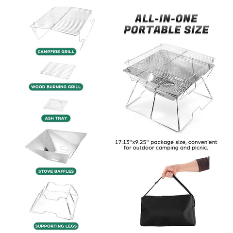 Folding Campfire Grill For Camping And Backpacking Portable Charcoal Fire Pit With 304 Stainless Steel Construction Includes Carrying Bag Ideal For Hiking Travel Picnics And Outdoor BBQ shown with components and bag