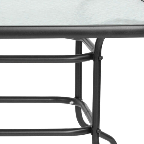 Close-up of black metal frame of Modern Rippled Glass Outdoor Dining Table With Umbrella Hole, Rectangular 31.5 Inch By 55 Inch