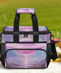 Insulated Picnic Backpack Lunch Bag That Slaps, Spacious 12x8.7x10 inch tote with space-themed design, on picnic table