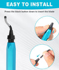 Front view of Aleric deburring tool with blue ergonomic handle and removable curved blade; 11 HSS blades included.