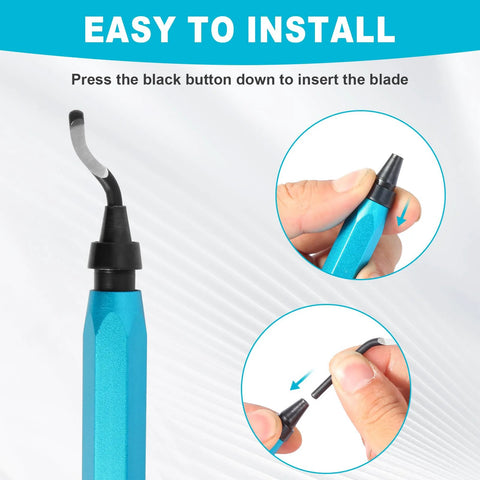 Front view of Aleric deburring tool with blue ergonomic handle and removable curved blade; 11 HSS blades included.