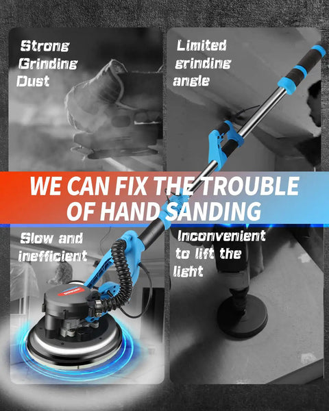 800W Drywall Sander with Foldable Design, highlighting strong dust control, versatile angle, convenient LED lights use